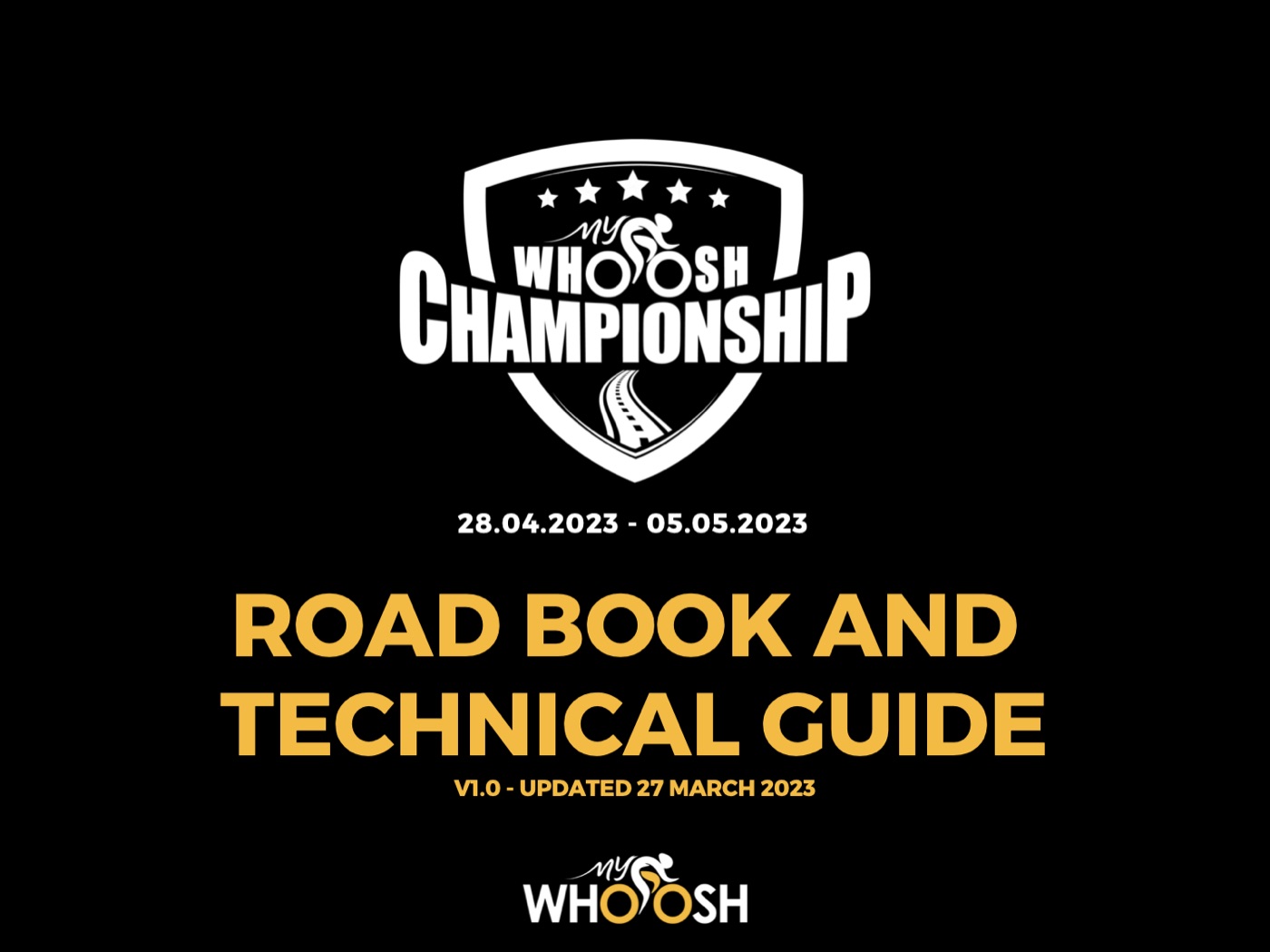MyWhoosh Championship 2023 Road Book and Technical Guide cover, 28 April to 5 May 2023