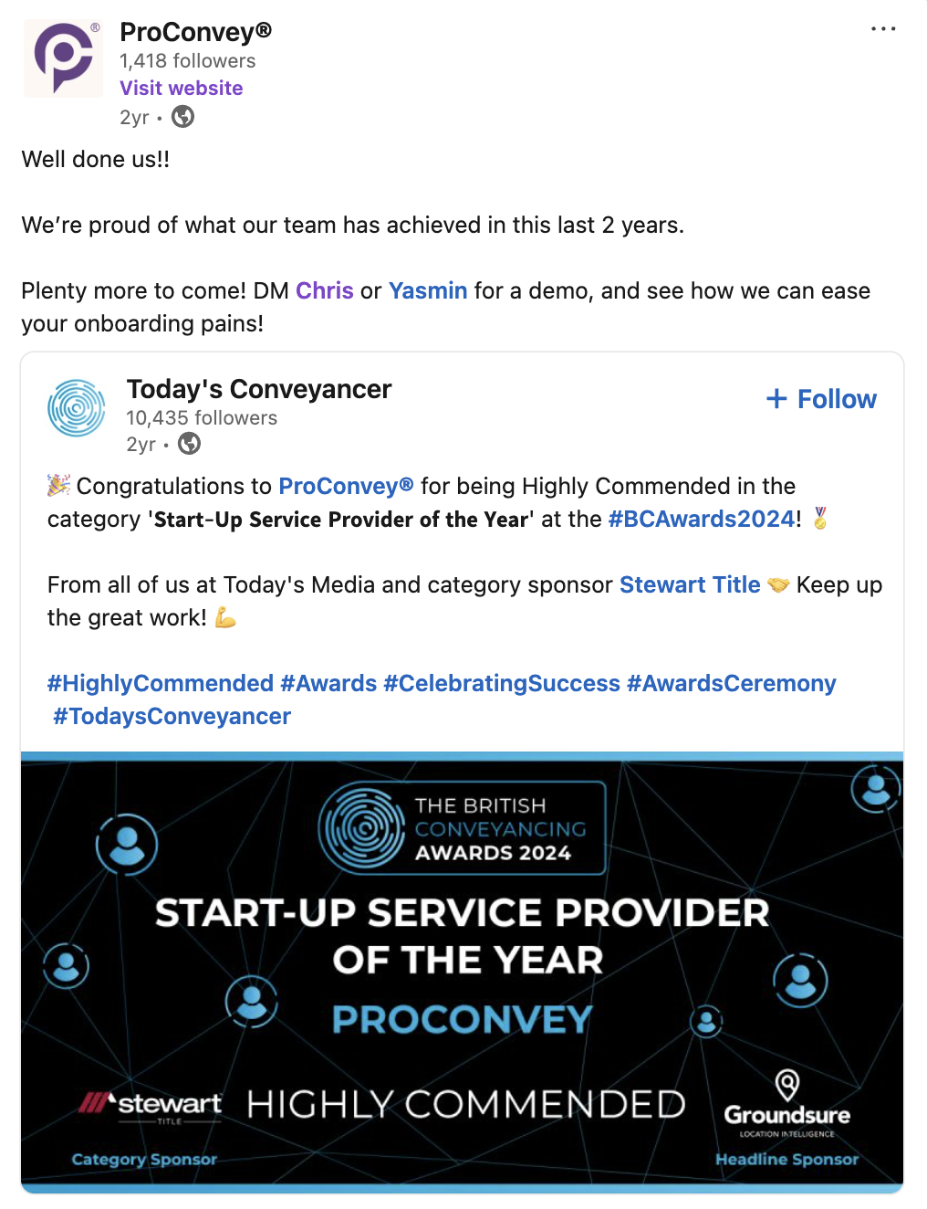 Today's Conveyancer LinkedIn post congratulating ProConvey on being Highly Commended, Start-Up Service Provider of the Year, British Conveyancing Awards 2024