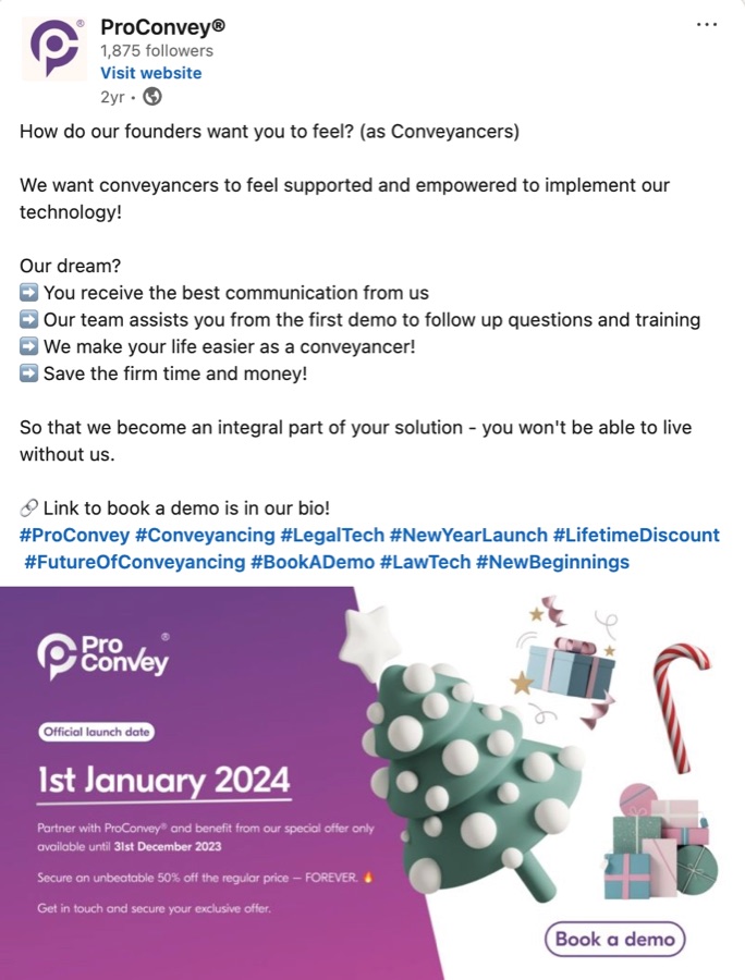 ProConvey LinkedIn post announcing the official platform launch date, 1 January 2024