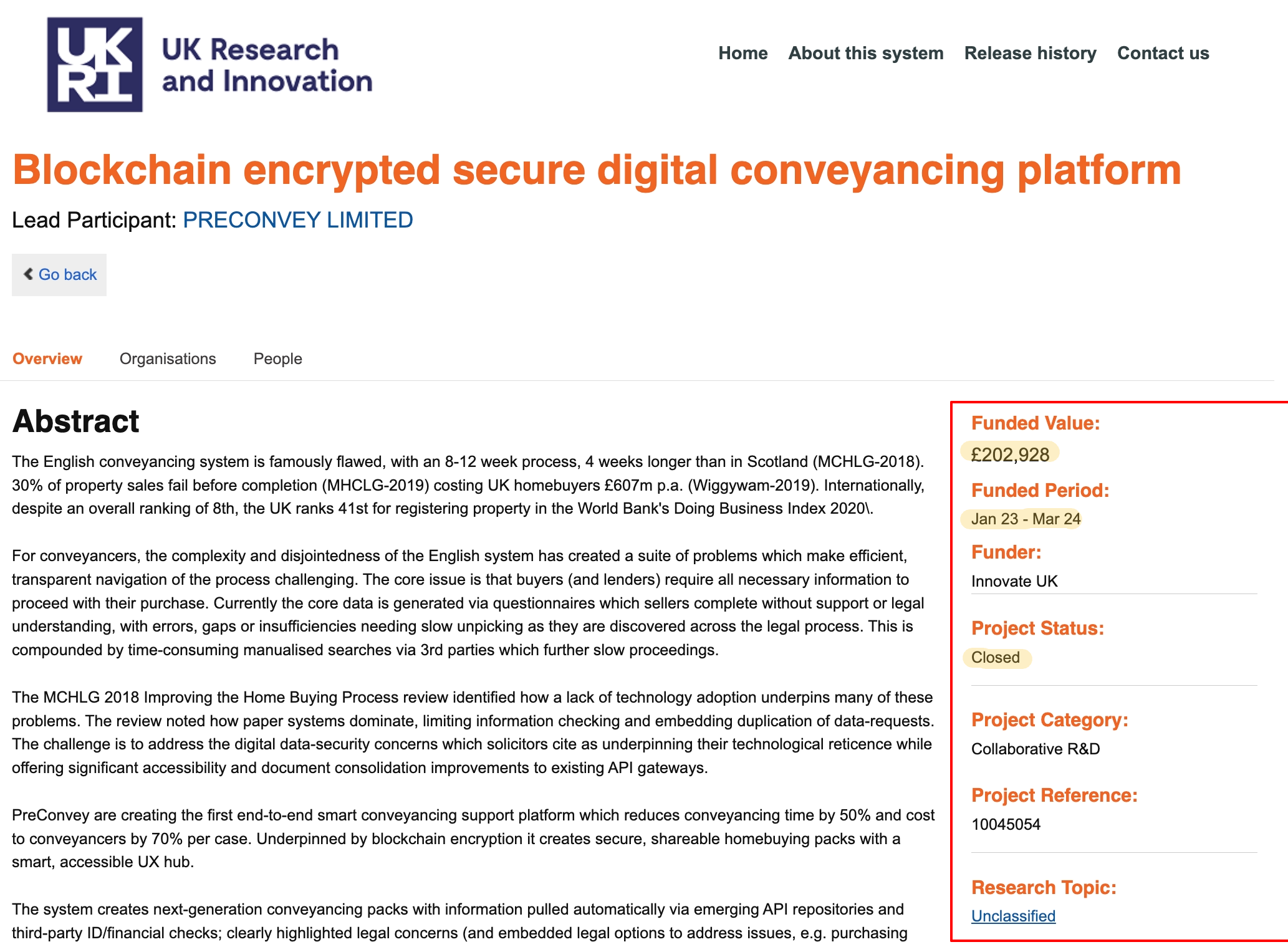 UKRI Gateway to Research page for project 10045054, Blockchain encrypted secure digital conveyancing platform, lead participant PRECONVEY LIMITED, funded by Innovate UK