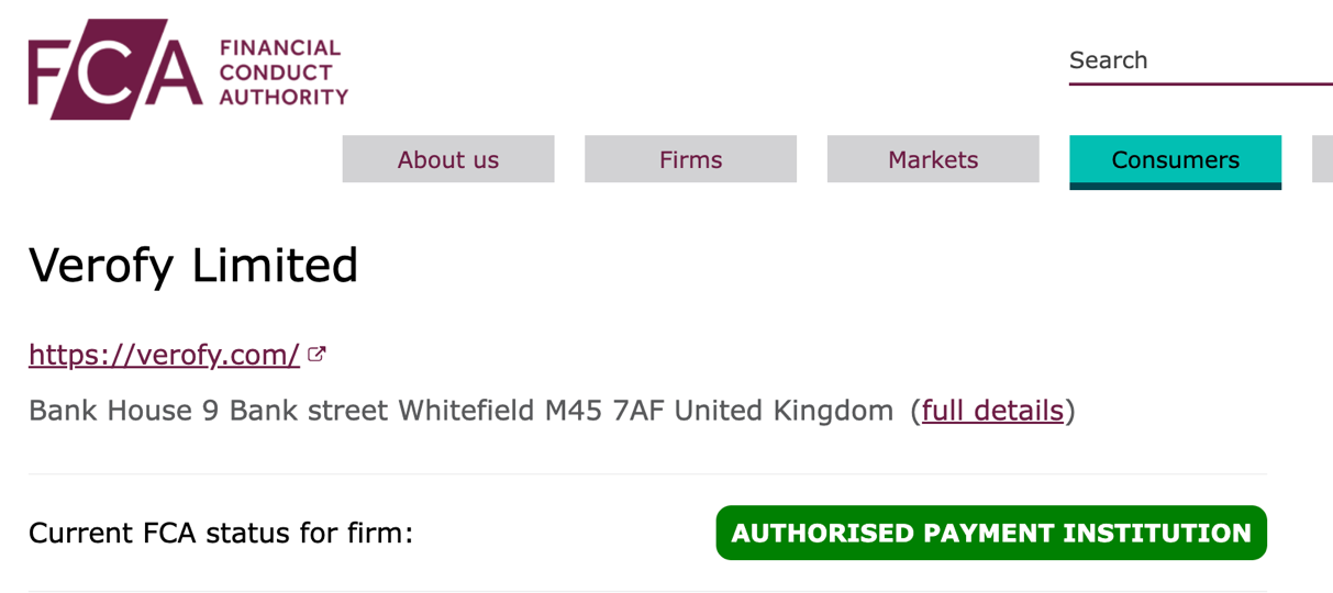 FCA register entry for Verofy Limited showing its status as an Authorised Payment Institution