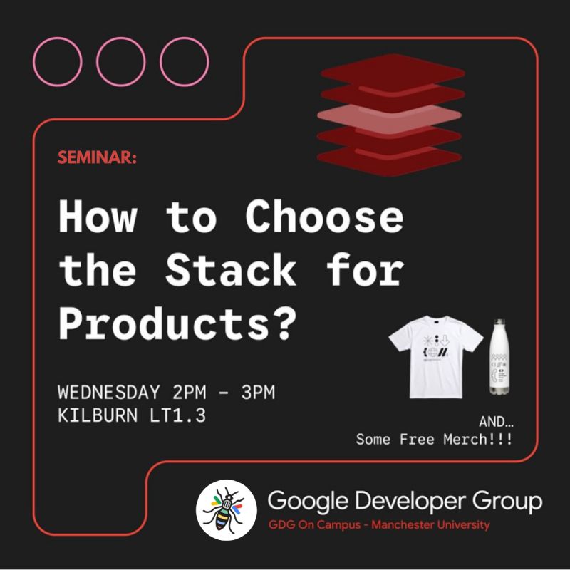 Seminar poster for How to Choose the Stack for Products at GDG on Campus University of Manchester